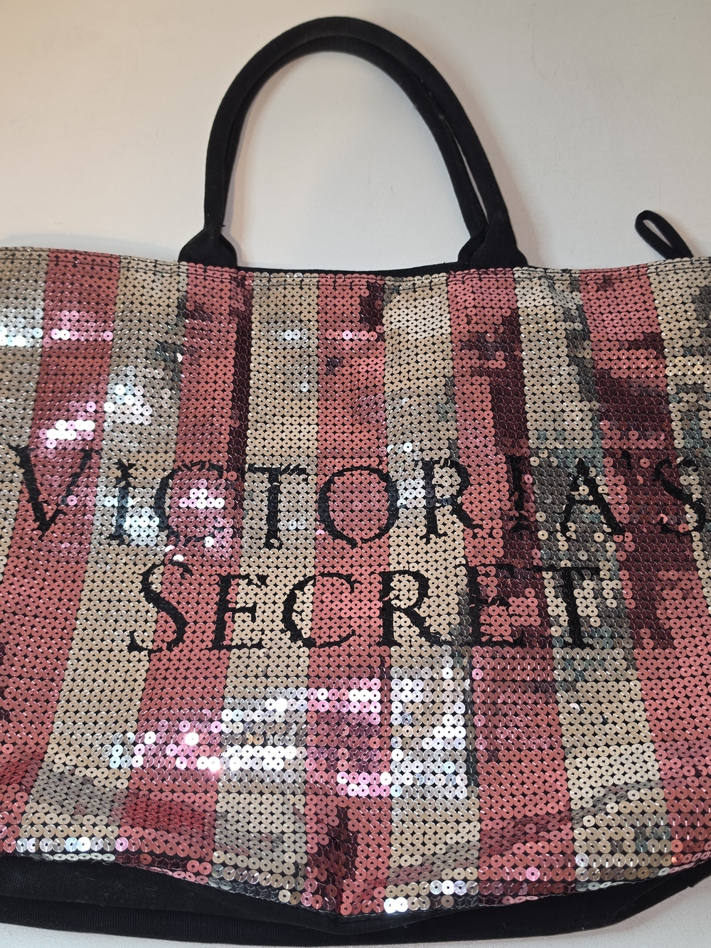 Victoria's Secret Pink and Cream Sequin Striped Tote with Black Handles